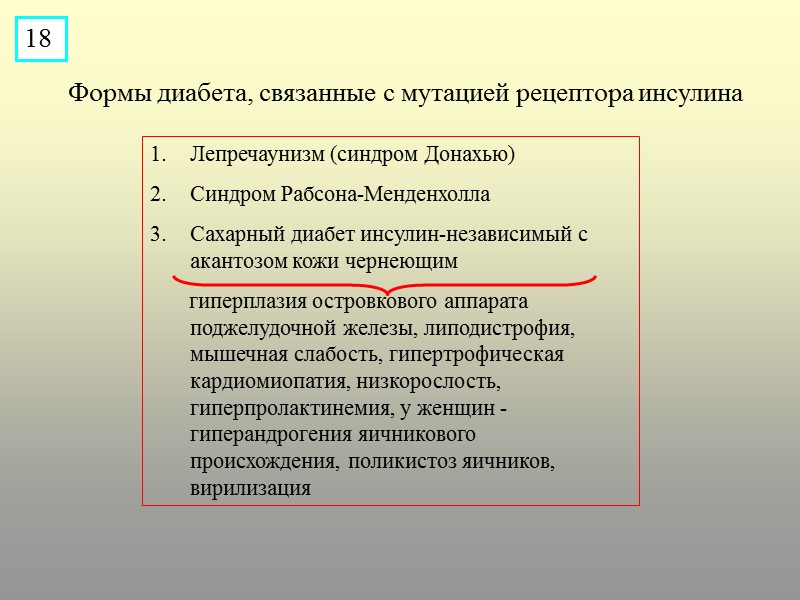 Формы диабета, связанные с мутацией рецептора инсулина Лепречаунизм (синдром Донахью) Синдром Рабсона-Менденхолла Сахарный диабет